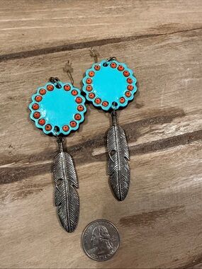 Sookie Sookie brand clay Turquoise and Orange Feather Drop Earrings